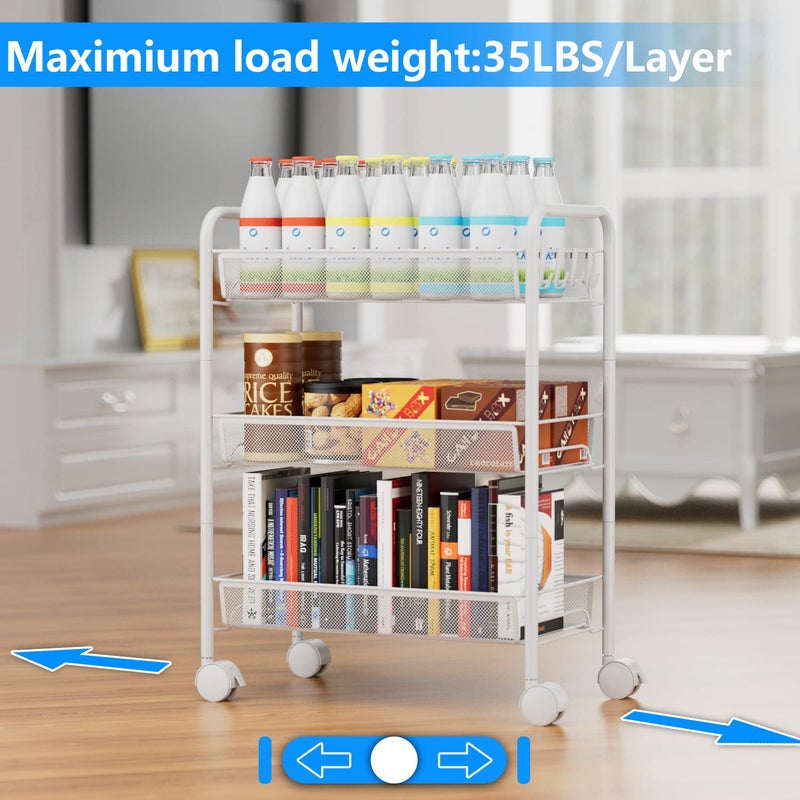OVICAR Mesh Wire 3 Tier Rolling Cart, Kitchen Storage Utility Cart, Multifunction Basket Stand for Bathroom, Full Metal Storage Art Trolley Carts with Wheels & 4 Side Hooks (White) - Image 4